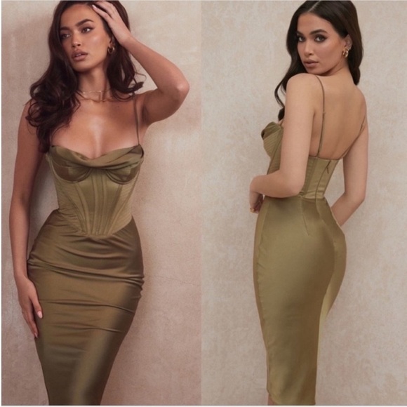 House of CB Dresses & Skirts - House of CB Myrna Satin Corset Slip Dress Olive Coquette Baddie Cocktail size L